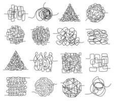 Tangled lines, chaos scribbles, messy squiggles and knots. Hand drawn chaotic doodles, entwined tangle scrawl, random scribble Vector set