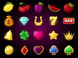 dibujos animados espacio juego icono, casino juego de azar simbolos cereza, diamante, corona hilado máquina tragamonedas, en línea juego, móvil juegos íconos vector conjunto