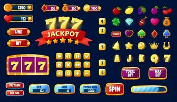 Cartoon casino slot machine mobile app game ui assets. Gambling games design interface elements, icons, buttons, progress bar vector set