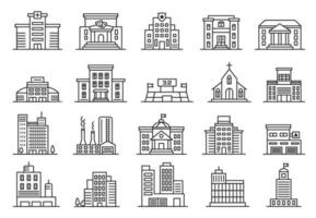 City building icon, stadium, cafe, government, hotel, bank, hospital. Office and apartment buildings, urban architecture line icon vector set