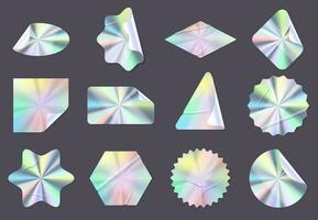 Wrinkled holographic stickers, rainbow hologram foil labels. Shiny iridescent tags with curved edges, guarantee seal emblem vector set