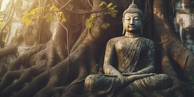 The ancient buddha statue in the forest with AI generated. photo