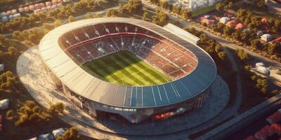 el parte superior ver de fútbol estadio con ai generado. foto