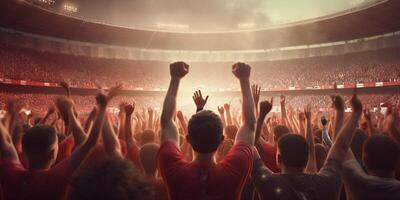 Football fans are watching football match in the stadium with . photo