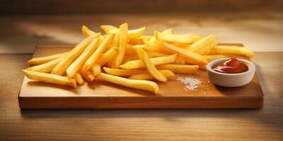 francés papas fritas en el madera plato con ai generado. foto