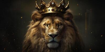 Lion king in a golden crown on a dark background with . photo