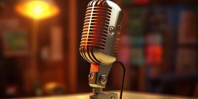 Retro microphone on the background of the bar with . photo