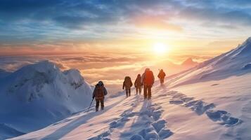 Group of people hiking in winter mountains with snowshoes and backpacks with AI generated. photo