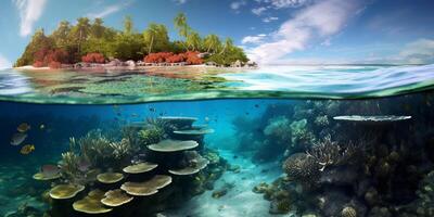 submarino ver de tropical isla con coral arrecife y arenoso playa con ai generado. foto