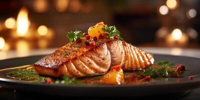 The close up view of grilled salmon fillet with . photo