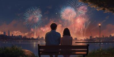 A young couple sit together to watch the celebration fireworks with . photo