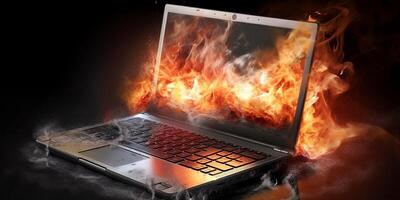 Laptop burning in flames on a dark background with . photo