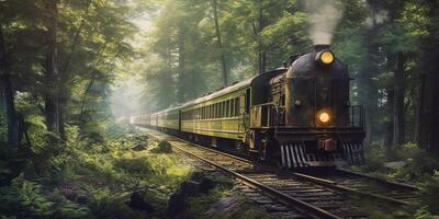 Clásico vapor tren en un brumoso bosque con ai generado. foto