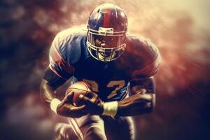 American football player in action on a dark smoky background with . photo