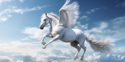 White horse with wings flying in the blue sky with . photo