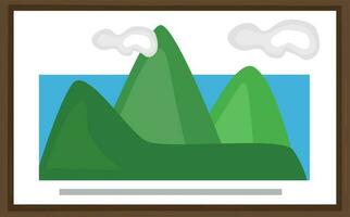 Mountain picture with wooden frame flat vector. Mountain picture cartoon vector. Landscape vector illustration isolated on white background.