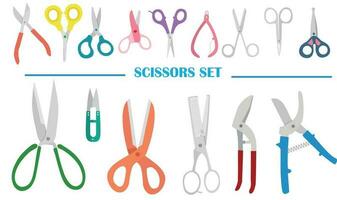 Types of scissor vector set isolated on white background. Set of diferent colored scissors vector. Scissor icon in cartoon and flat style. Open, closed cutting or nippers. Vector illustration.