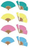 Hand paper folding fan vector set isolated on white background. Tranditional paper fan in diferent colors. Cooling tool. Souvenir item.