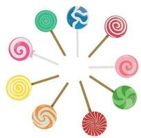 Lollipop candy vector illustration set with various spiral and ray patterns. Sweet colorful lollipop candy on stick. Cartoon style. Flat vector isolated on white background.