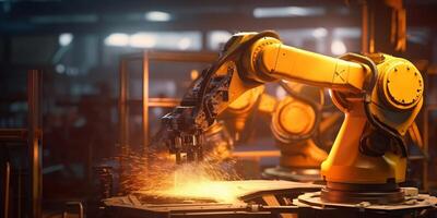 The arm robot is working in the factory with . photo