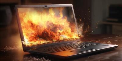 ordenador portátil ardiente en llamas en un oscuro antecedentes con ai generado. foto