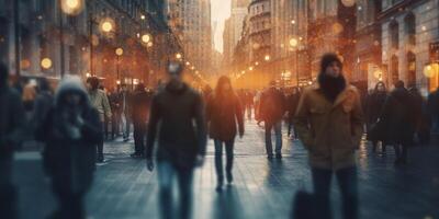 el multitud de personas son caminando en el calle con ai generado. foto