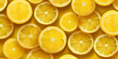 Lemon and lemon slices with leaves on yellow background, top view with . photo