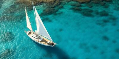 The aerial view of a luxurious sailing boat with . photo