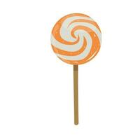 Lollipop candy vector illustration with various spiral and ray patterns. Sweet colorful lollipop candy on stick. Cartoon style. Flat vector isolated on white background. Orange taste.