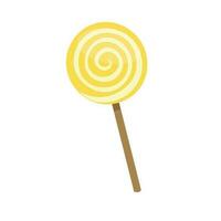 Lollipop candy vector illustration with various spiral and ray patterns. Sweet colorful lollipop candy on stick. Cartoon style. Flat vector isolated on white background. Yellow, lemon taste.