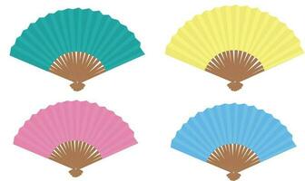 Hand paper folding fan vector set isolated on white background. Tranditional paper fan in diferent colors. Cooling tool. Souvenir item.