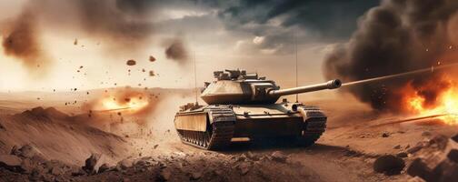 The armored tank is in the battlefield with . photo