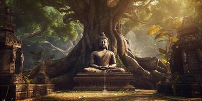 The ancient buddha statue in the forest with . photo