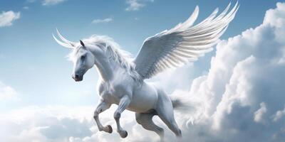 White horse with wings flying in the blue sky with . photo