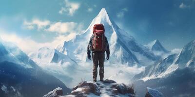 The closeup view of a man with backpack who stand in front of high mountain with . photo