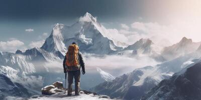 The closeup view of a man with backpack who stand in front of high mountain with . photo