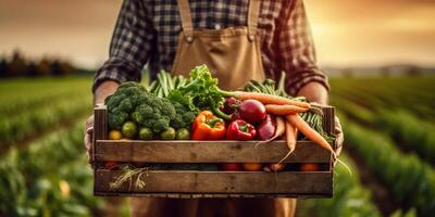 The farmer is holding the wooden box with . photo