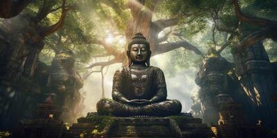 The ancient buddha statue in the forest with . photo