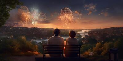 A young couple sit together to watch the celebration fireworks with . photo