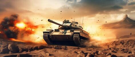 The armored tank is in the battlefield with . photo