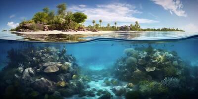 Underwater view of tropical island with coral reef and sandy beach with . photo