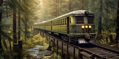 Vintage steam train in a foggy forest with . photo