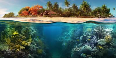 submarino ver de tropical isla con coral arrecife y arenoso playa con ai generado. foto