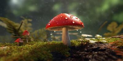 Mushroom with raindrops in the forest with . photo