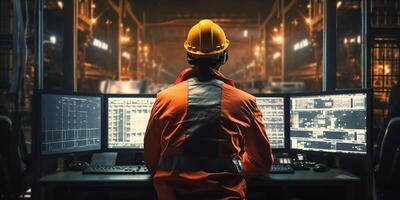 el ingeniero quien usa el la seguridad traje es trabajando a operando habitación con ai generado. foto