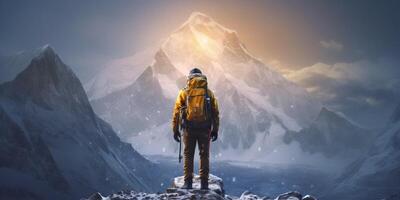 The closeup view of a man with backpack who stand in front of high mountain with . photo