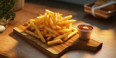 French fries on the wood plate with . photo