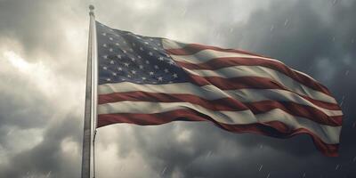 americano bandera ondulación en el viento en contra un Tormentoso cielo con ai generado. foto