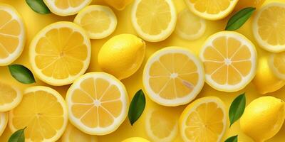 Lemon and lemon slices with leaves on yellow background, top view with . photo