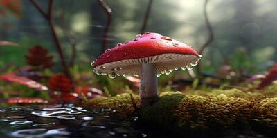 Mushroom with raindrops in the forest with . photo